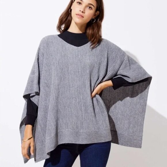 Ann Taylor LOFT Gray Ribbed Poncho Sweater XS/S - Picture 1 of 6